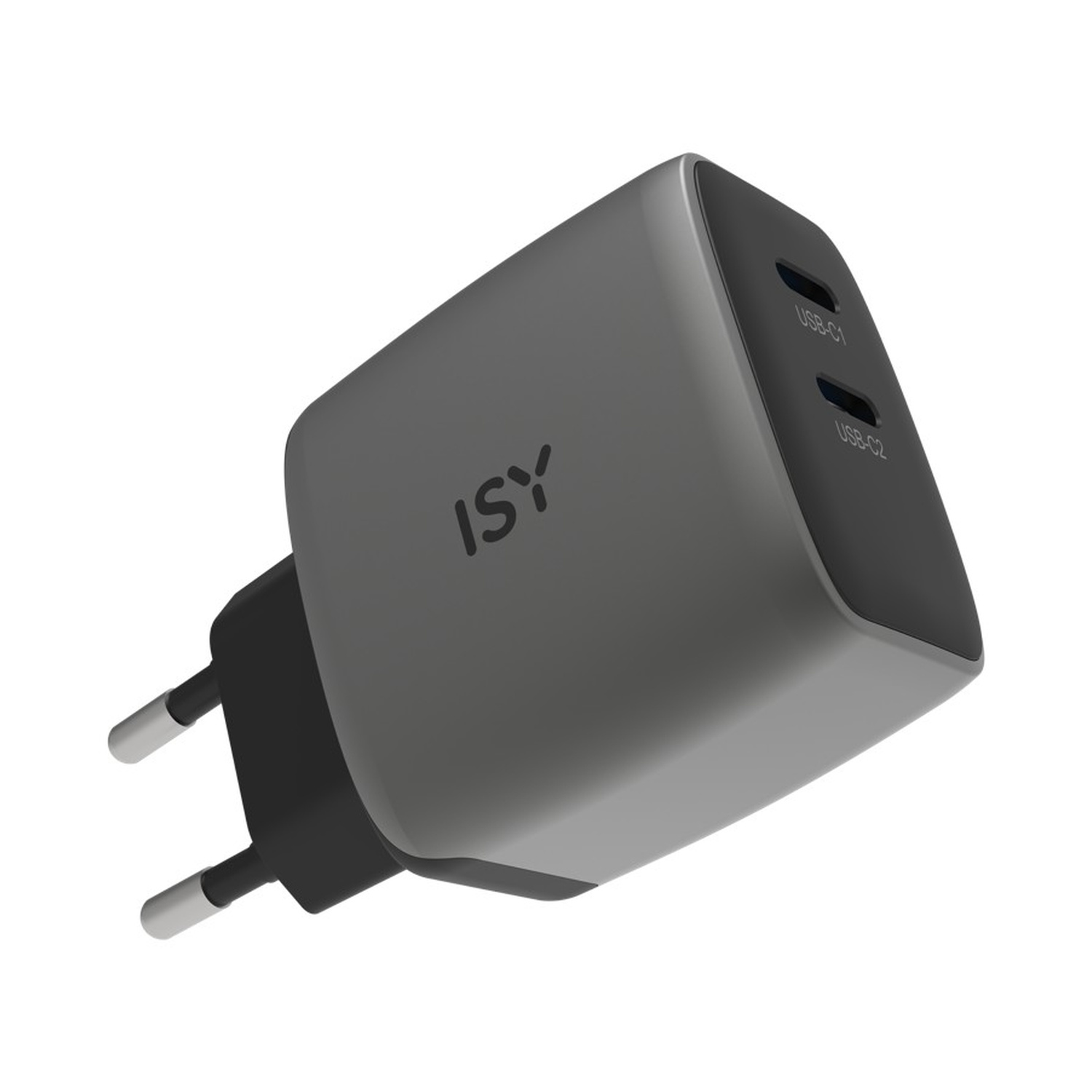 Adattatore di alimentazione grigio ISY USB-C con due porte USB-C.