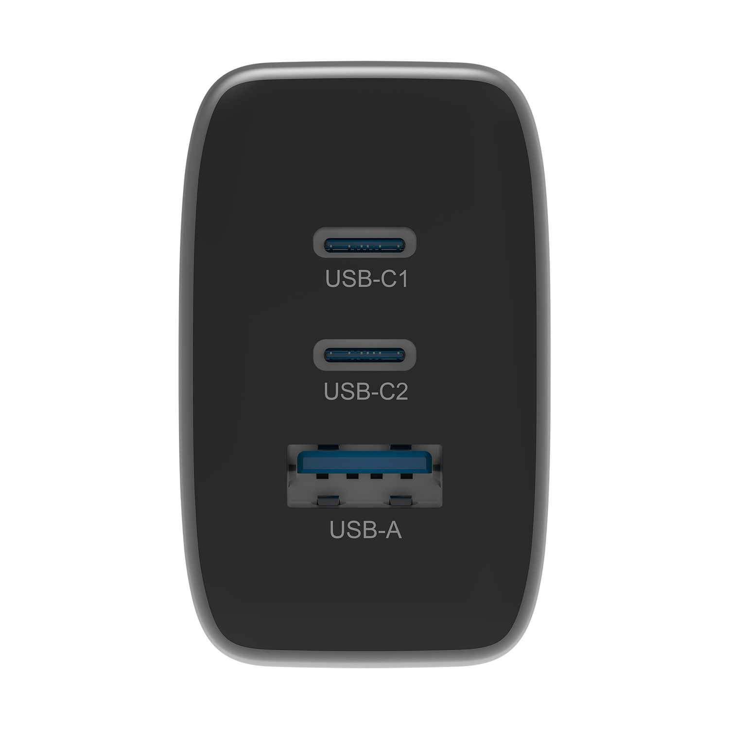 Un caricatore USB nero con due porte USB-C e una porta USB-A.