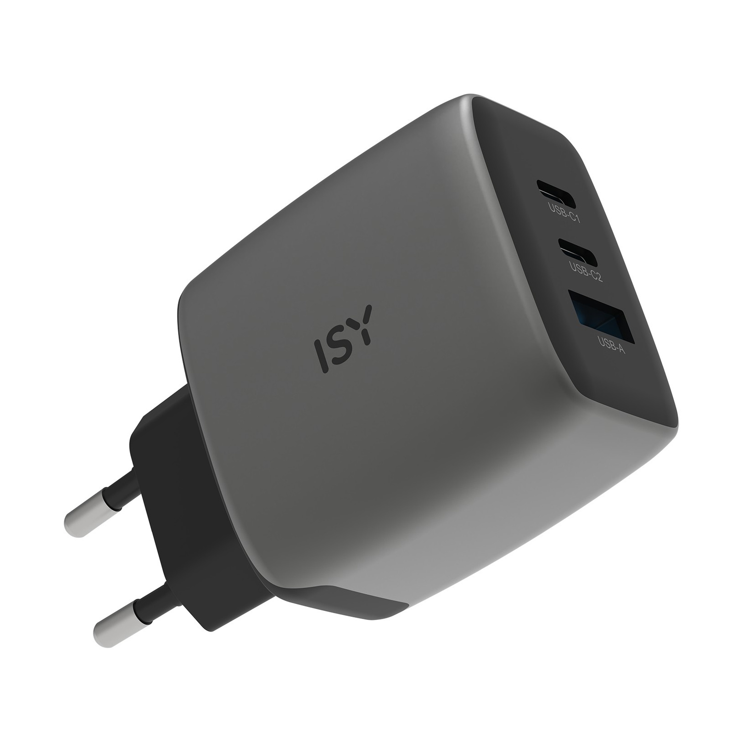 Adattatore di corrente grigio con tre porte USB: 2x USB-C, 1x USB-A.