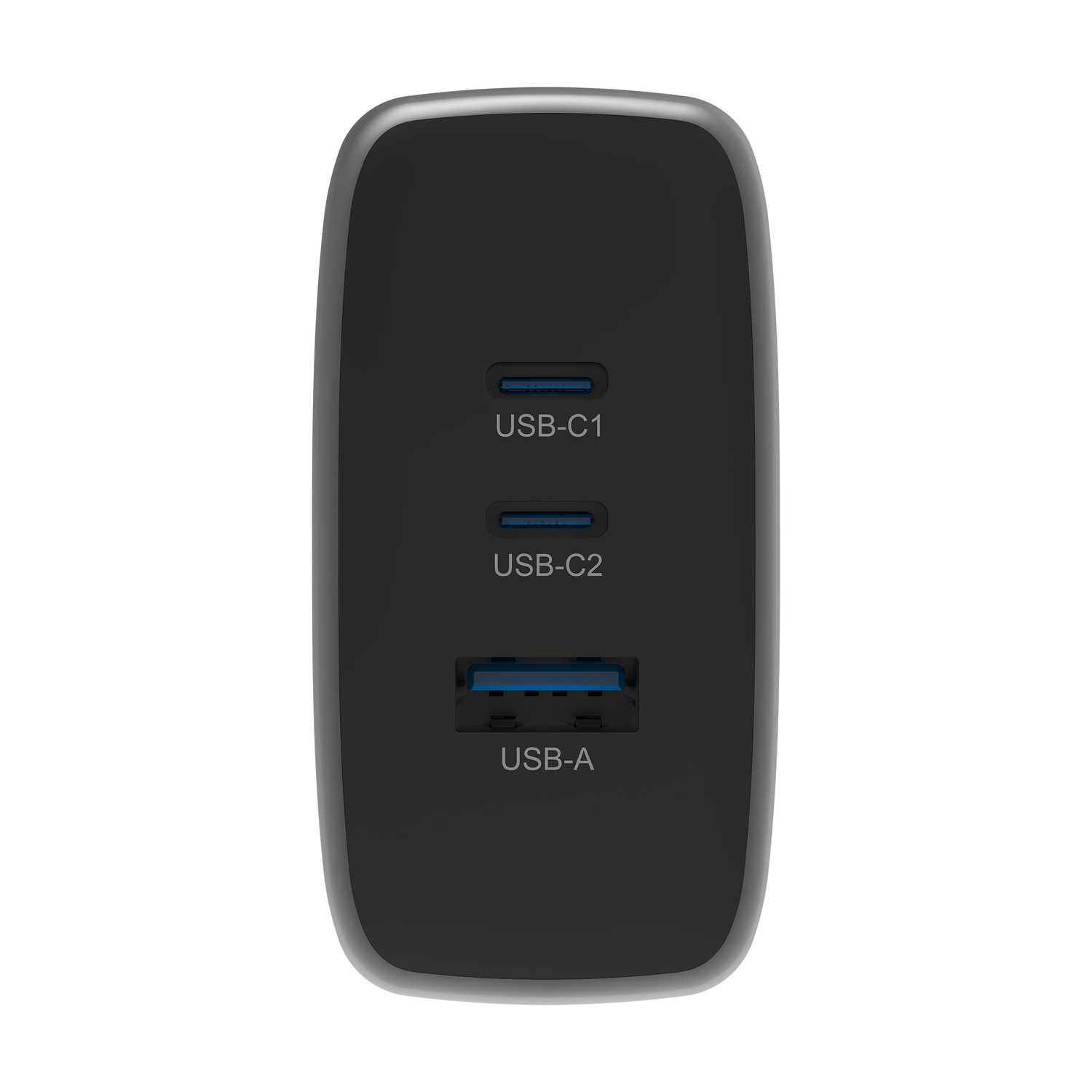 Un caricatore nero con tre porte: USB-C1, USB-C2 e USB-A.