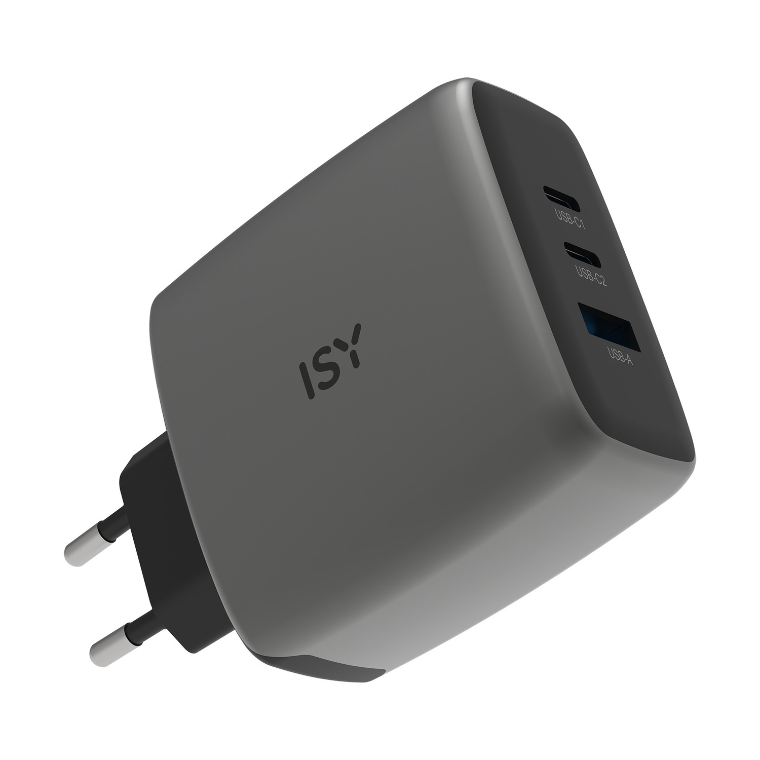 Caricatore ISY grigio con due porte USB-C e una porta USB-A.
