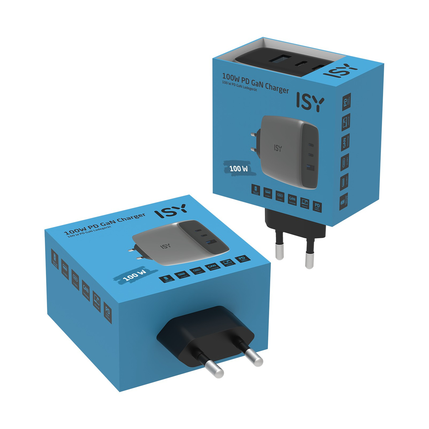 Due caricatori ISY 100W PD GaN su scatole blu, uno davanti, uno dietro.