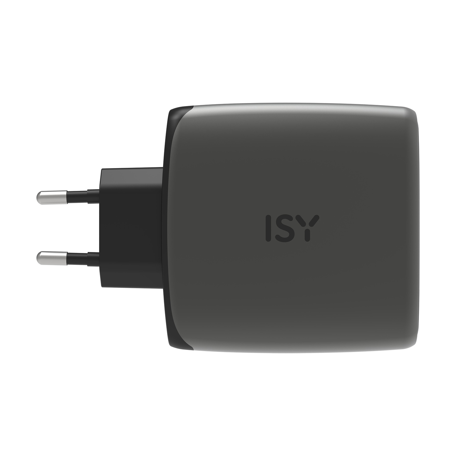 Adattatore di alimentazione ISY grigio con due pin argentati su sfondo bianco.