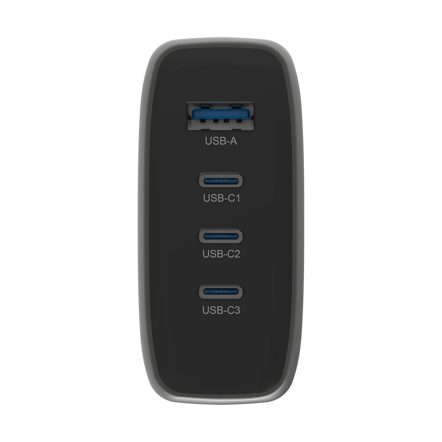 Un caricabatterie nero con una porta USB-A e tre porte USB-C.