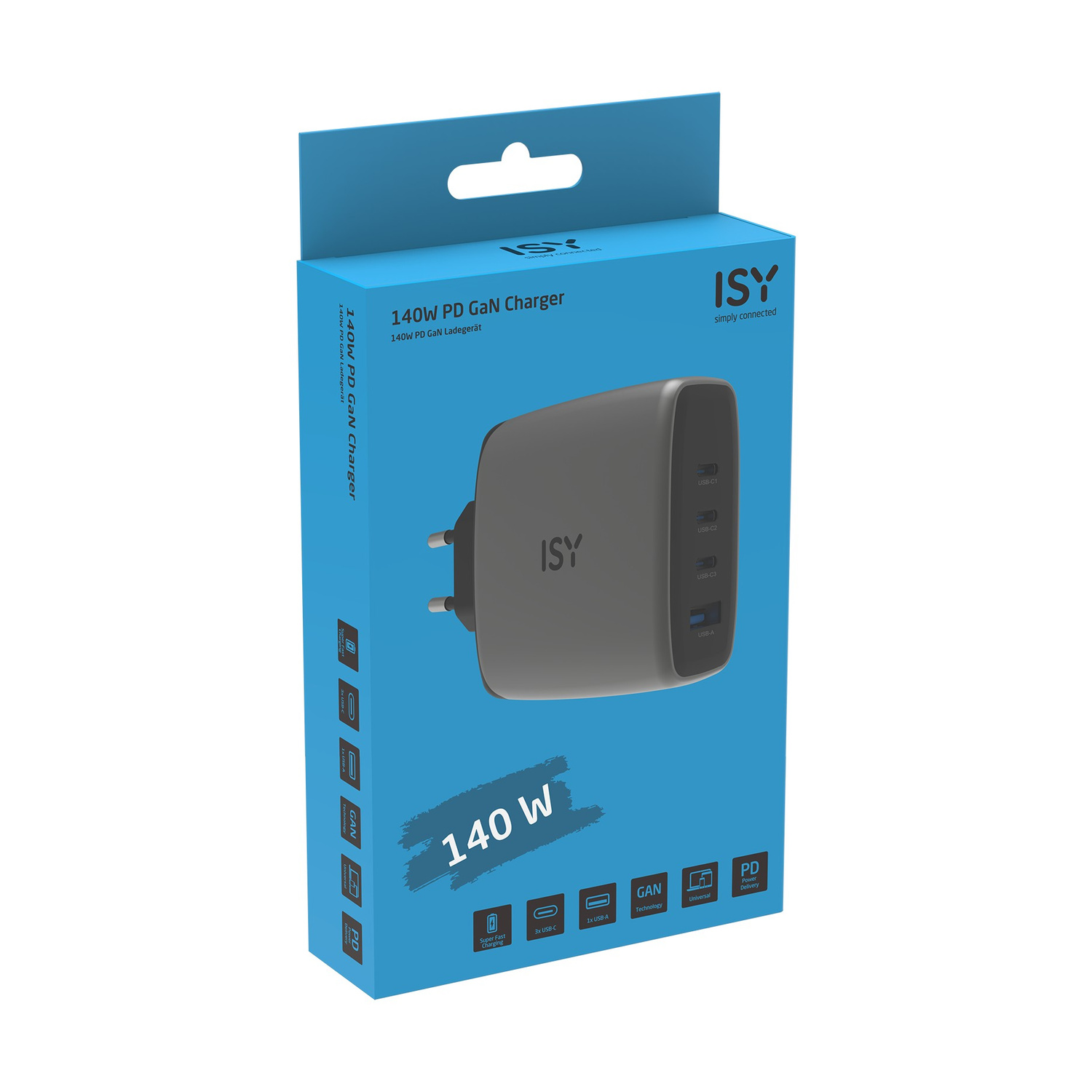 Caricatore ISY 140W PD GaN con 3 porte USB-C e 1 USB-A.