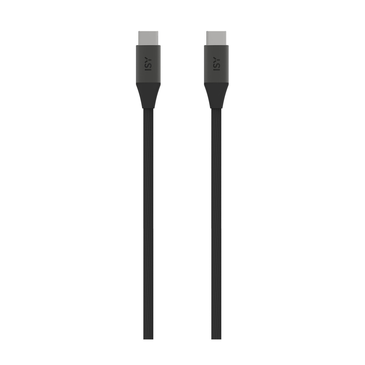 Due cavi ISY USB-C neri con connettori grigi su sfondo bianco.