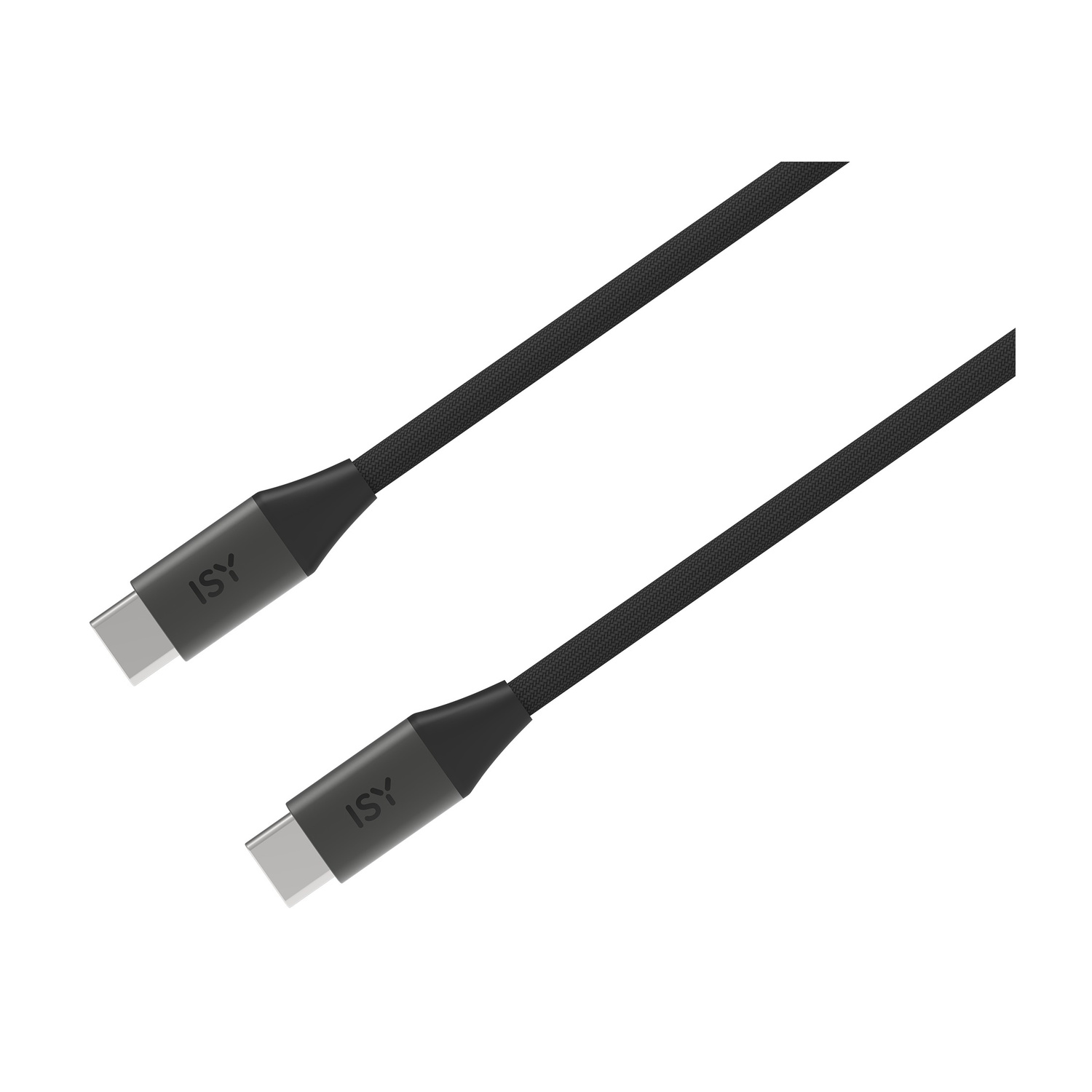 Due cavi USB-C neri con connettori grigi con logo ISY.