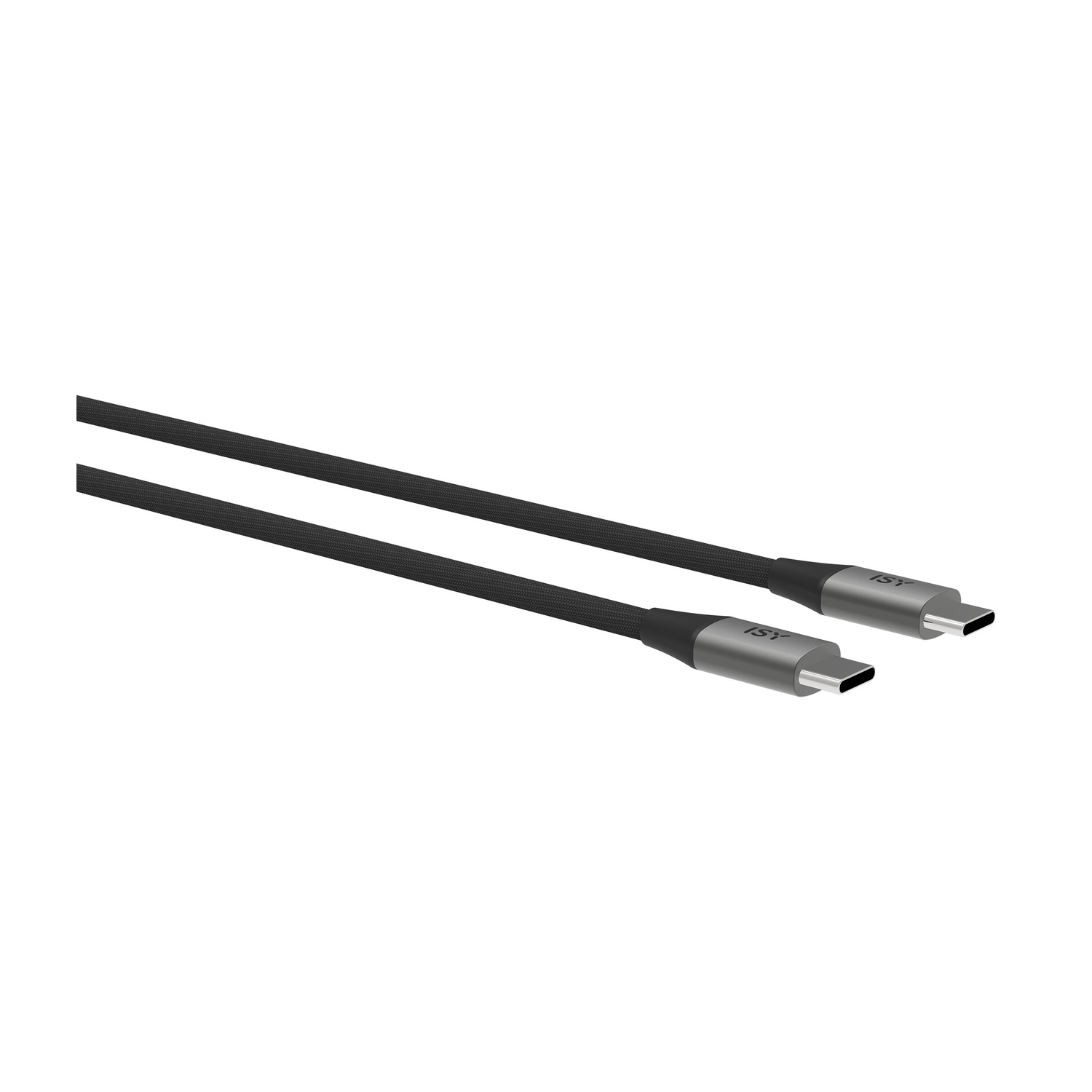 Un cavo USB-C nero con due connettori su sfondo bianco.