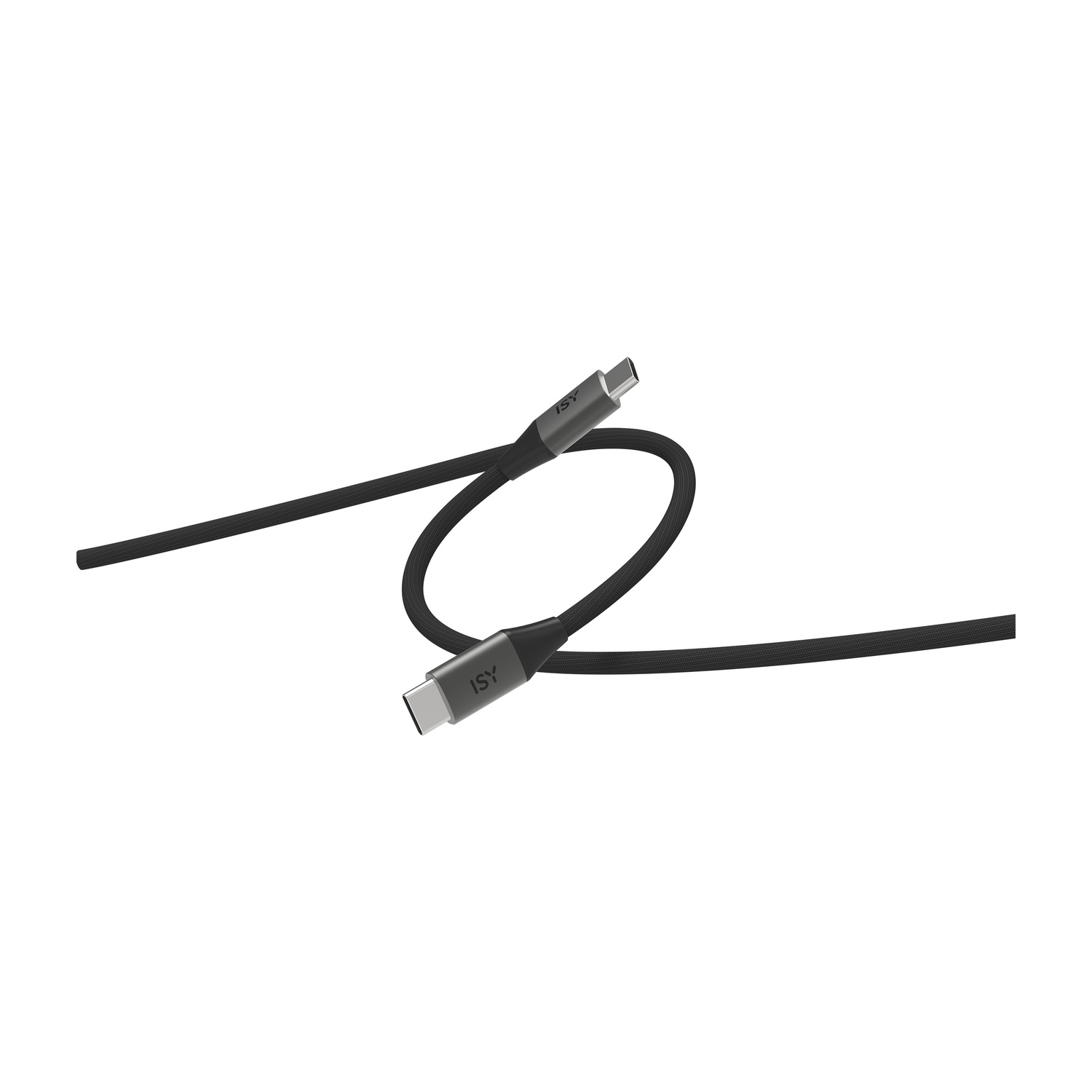 Un cavo USB-C nero con due connettori su sfondo bianco.