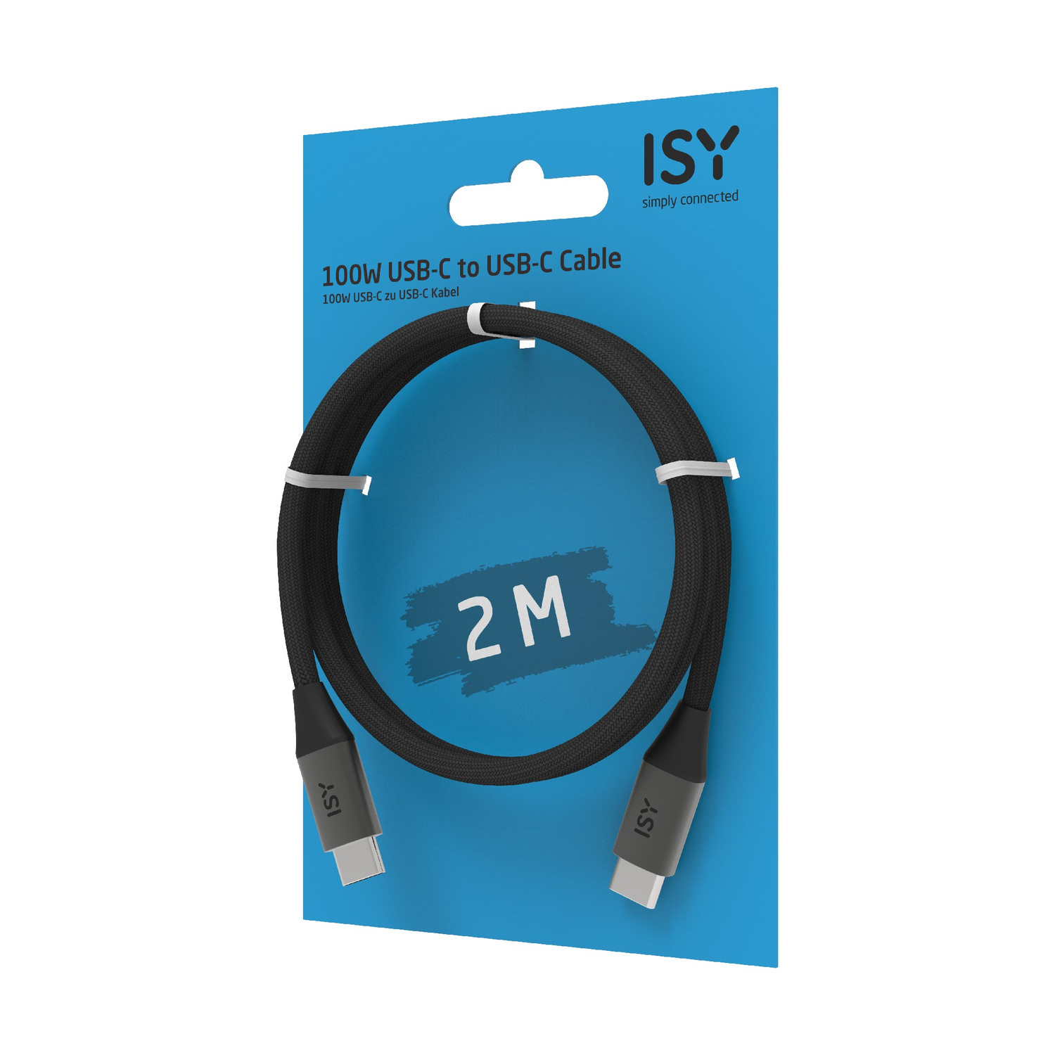 Cavo ISY da USB-C a USB-C nero, lungo 2M, 100W di potenza, su cartone blu.