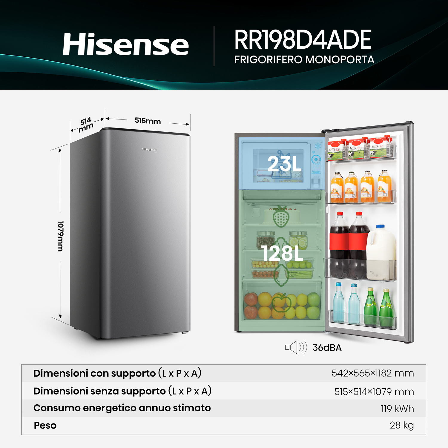 Un frigorifero Hisense grigio con porte aperte, pieno di bevande e cibo.