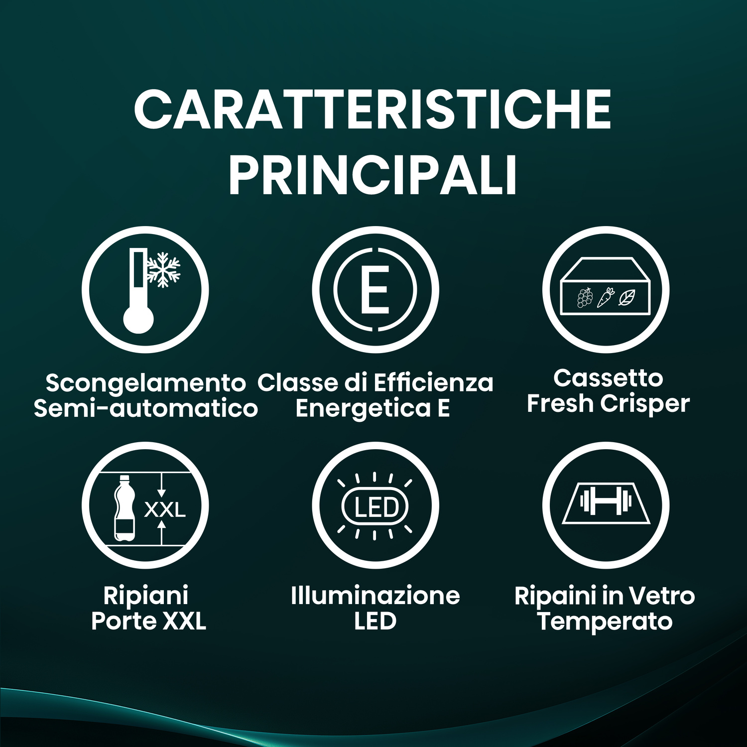 Icone caratteristiche frigo: Scongelamento semi-auto, Efficienza E, Cassetto Fresh.