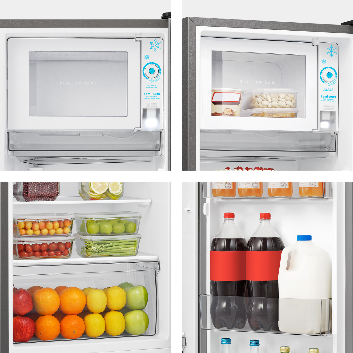 Interno frigorifero con frutta, verdura, bevande e zona chiller.