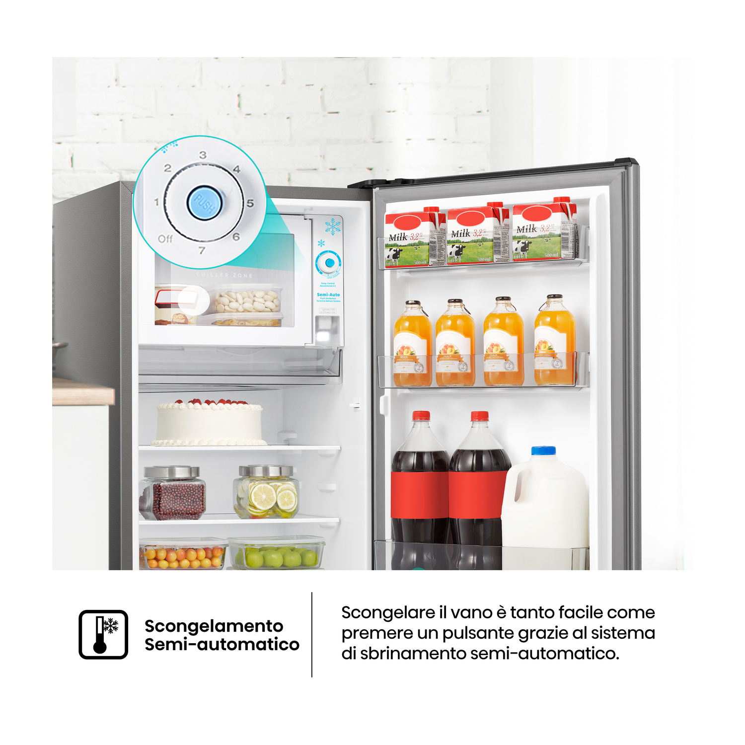 Un frigorifero aperto pieno di cibo e una manopola di controllo temperatura.