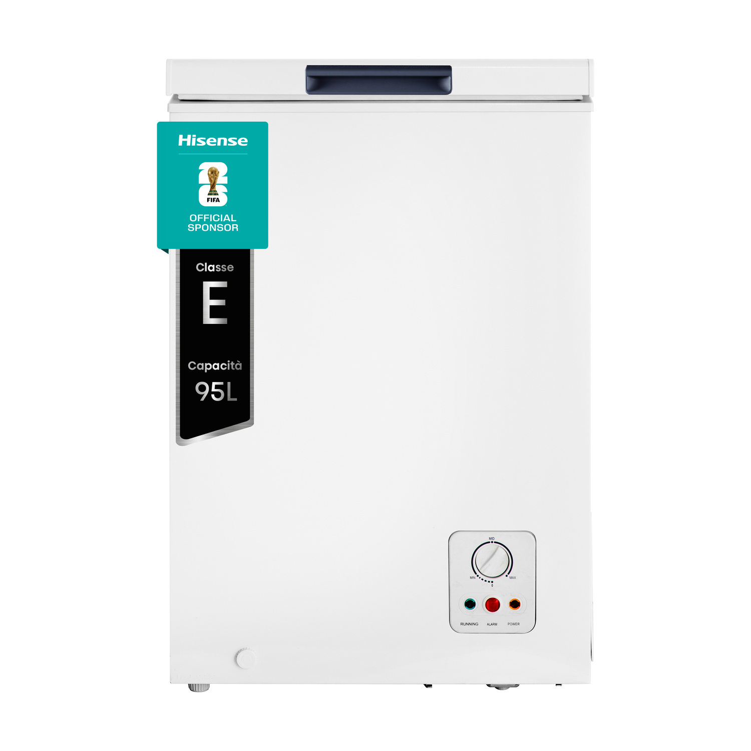 Congelatore Hisense bianco con logo FIFA, Classe E, capacità 95L e controlli.