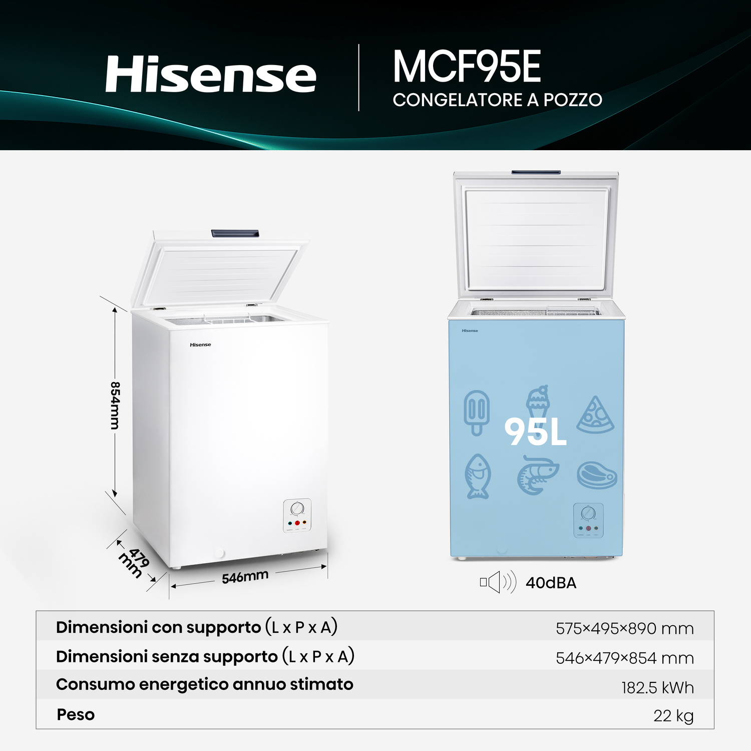 Congelatore Hisense MCF95E con coperchio aperto, dimensioni e specifiche.