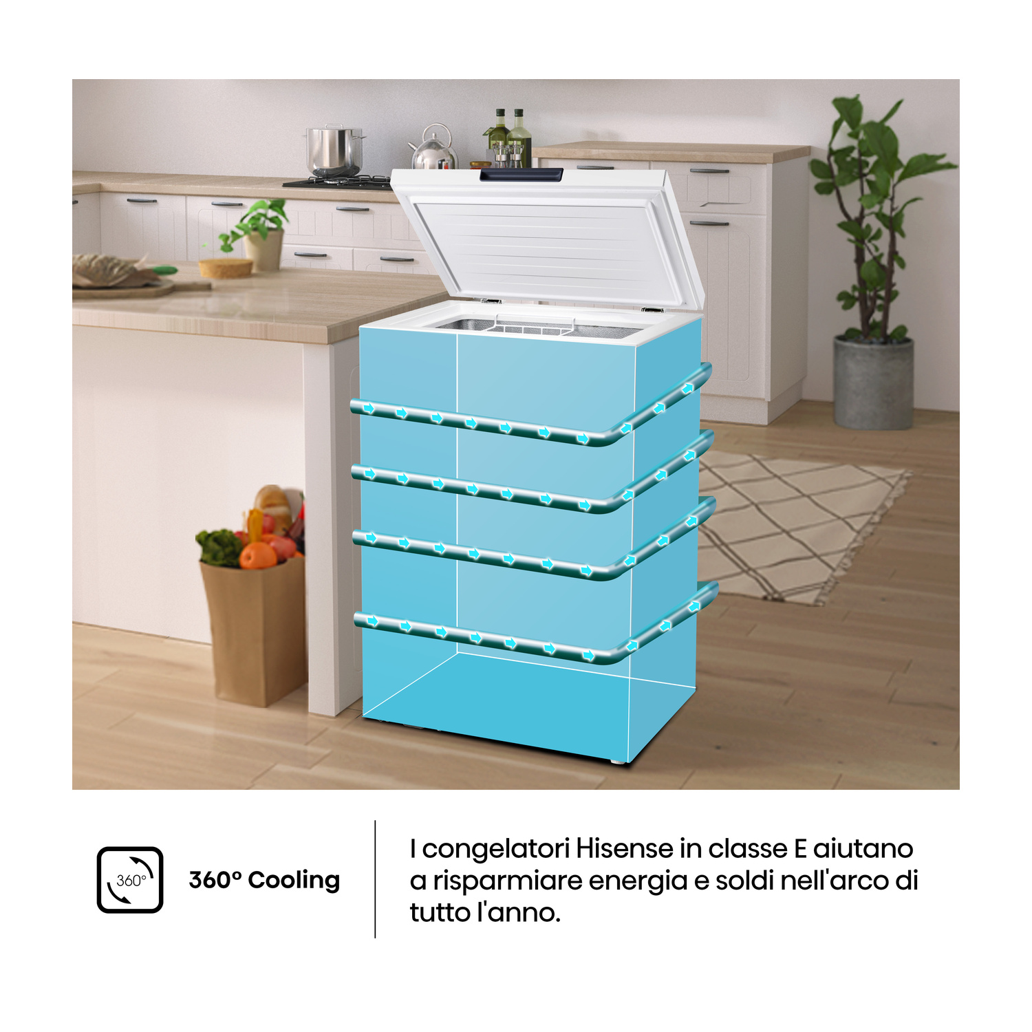 Un congelatore a pozzetto blu con coperchio aperto in cucina, raffreddamento 360°.