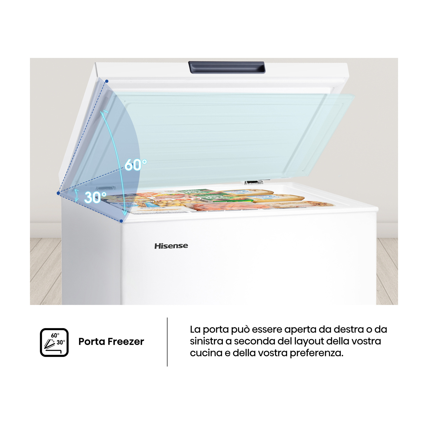 Un congelatore Hisense bianco con coperchio aperto, che mostra angoli di 30° e 60°.