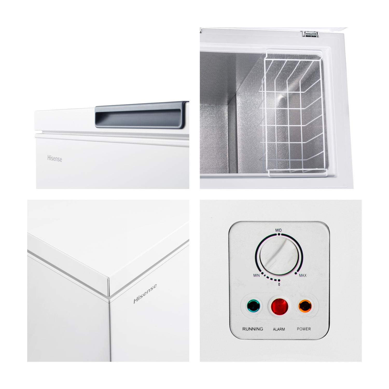 Un congelatore Hisense bianco con cassetto, cestello interno e pannello di controllo.