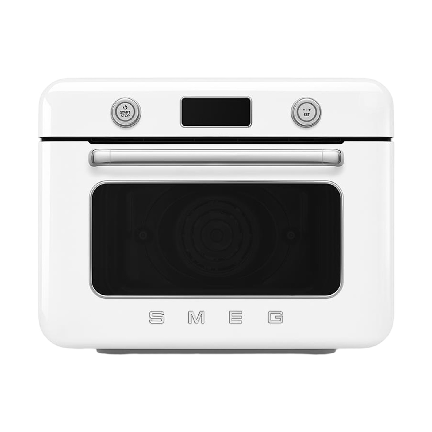 Un forno SMEG bianco con maniglia e pulsanti argentati.