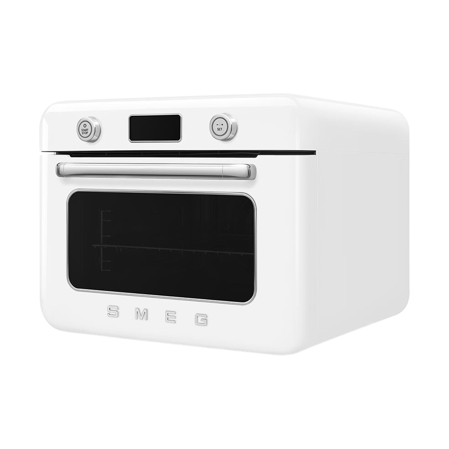 Un forno SMEG bianco con maniglia argentata e display digitale.