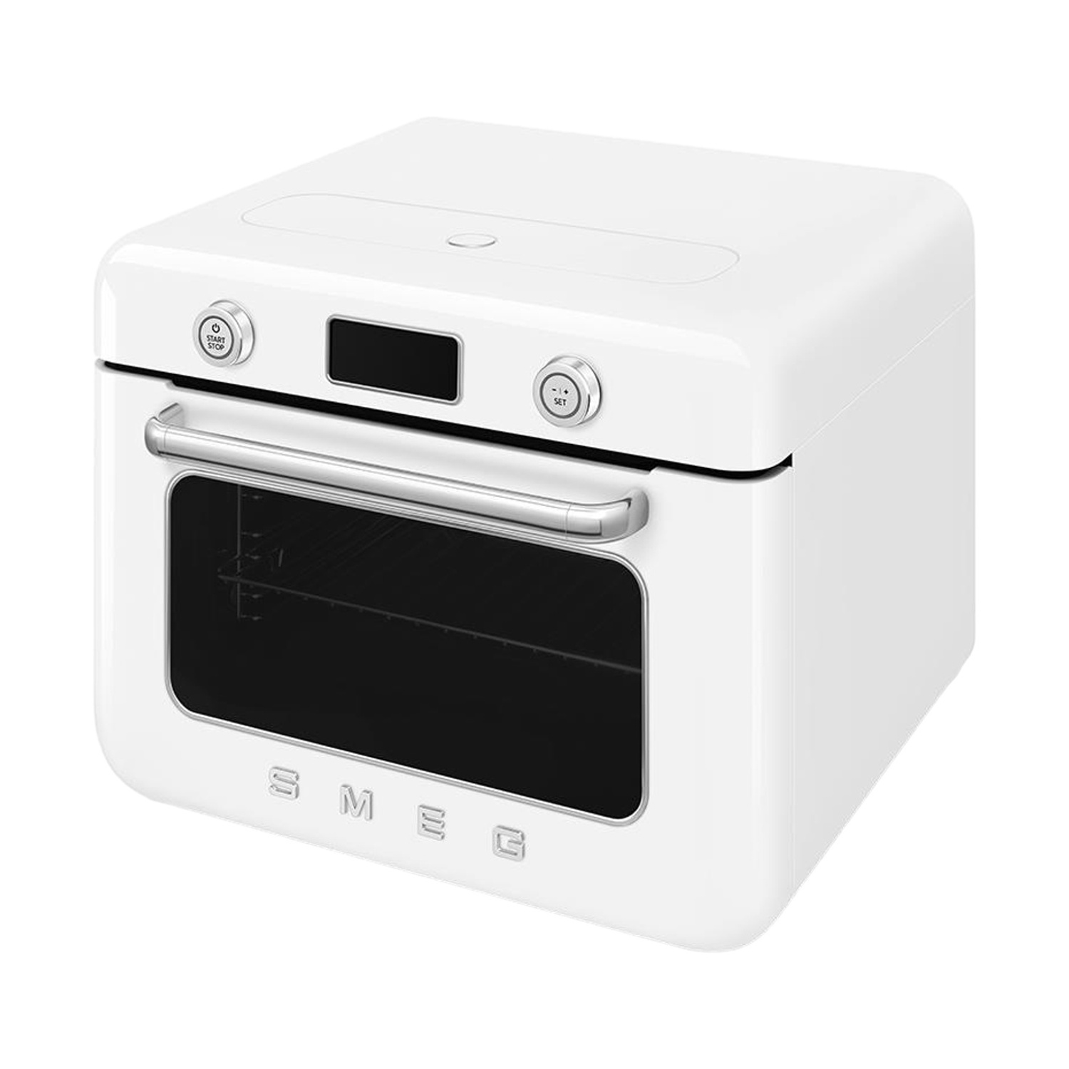 Un forno bianco Smeg con maniglia argentata e manopole.