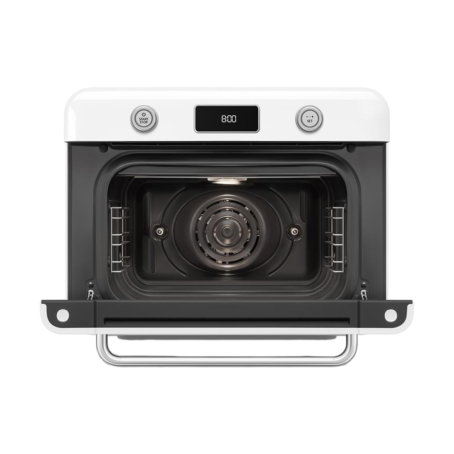 Un forno da incasso bianco con porta aperta, che mostra 8:00, con pulsanti Start/Stop e Imposta.