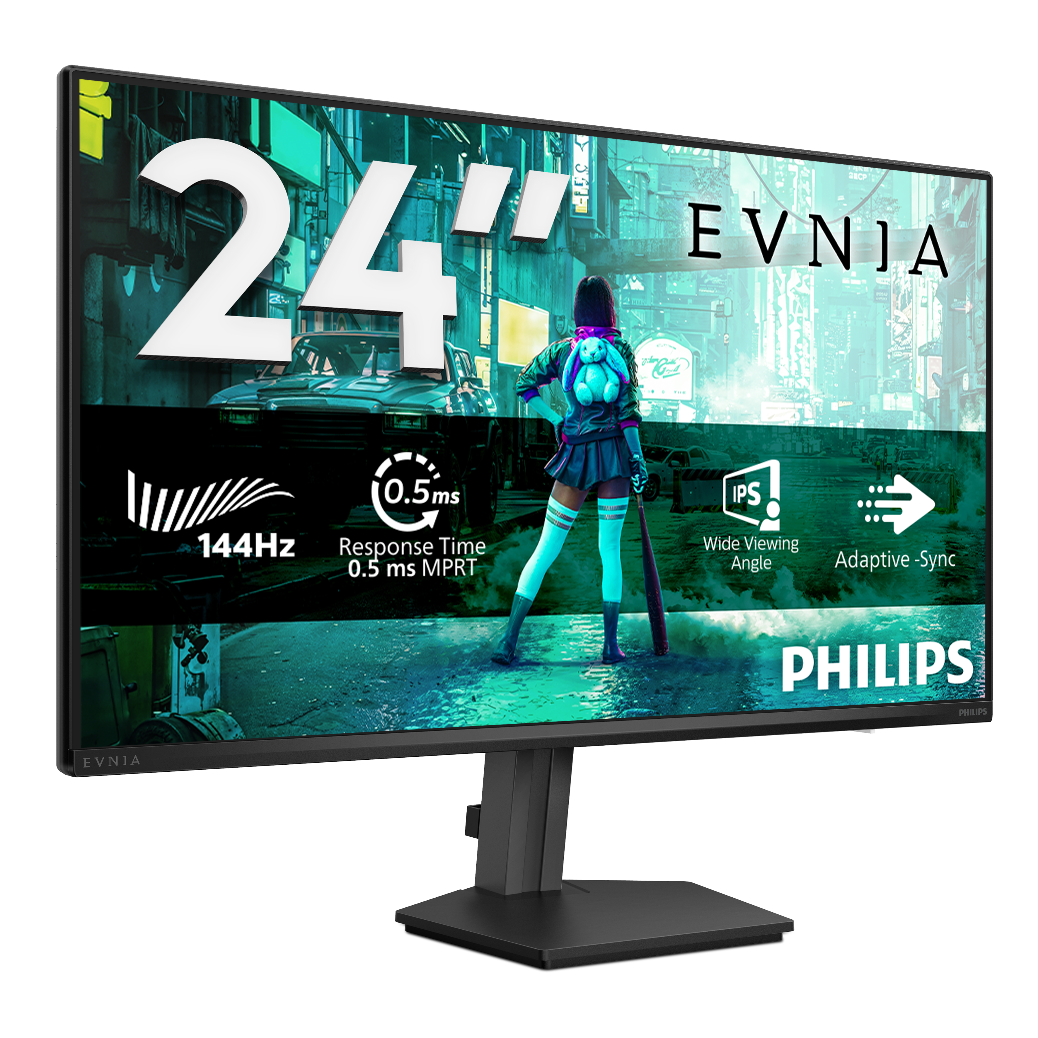 Ein 24-Zoll-Monitor zeigt eine Cyberpunk-Szene mit einer Frau und technischen Spezifikationen.
