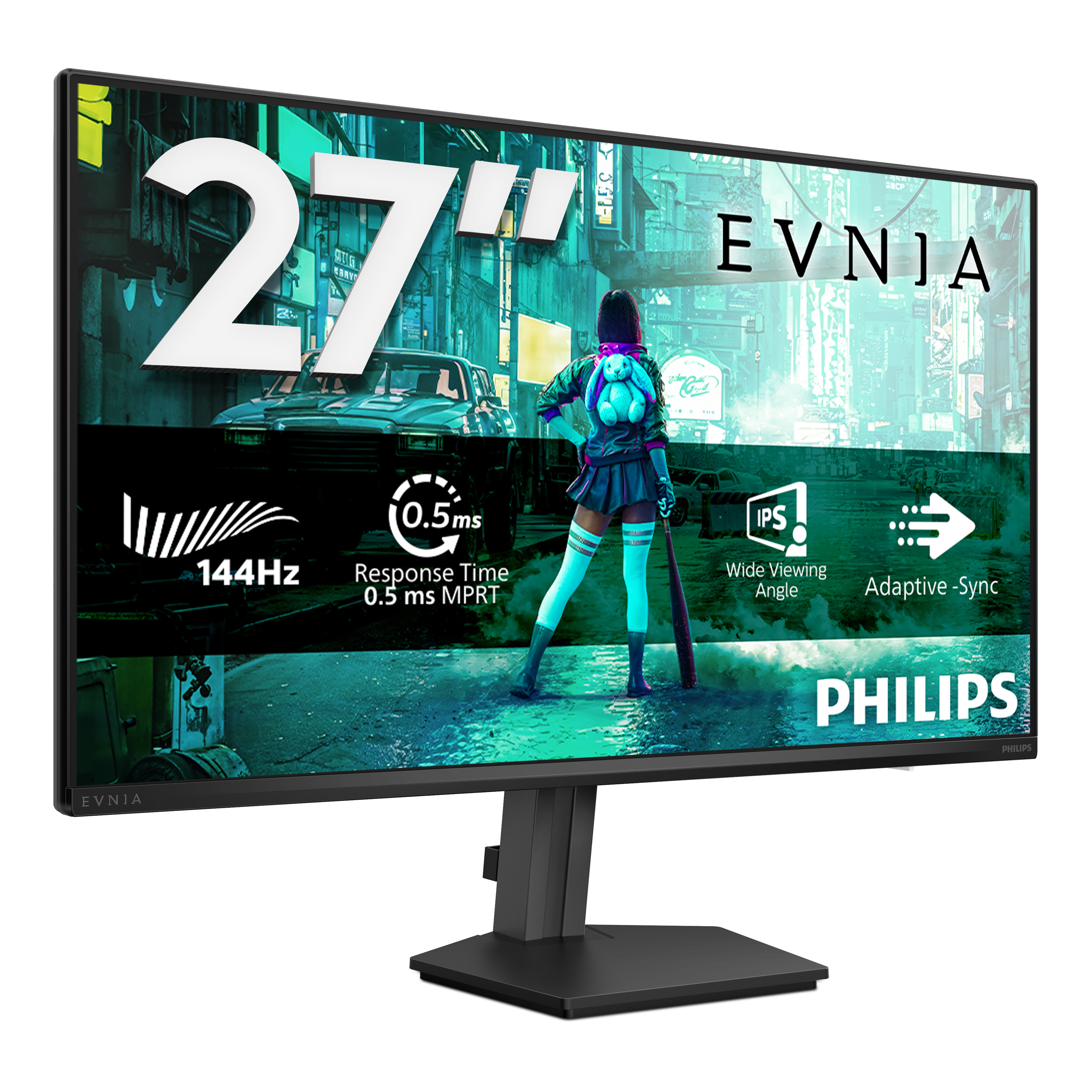 Ein 27-Zoll-Monitor mit Cyberpunk-Design, der 144Hz, 0,5ms und IPS-Technologie anzeigt.