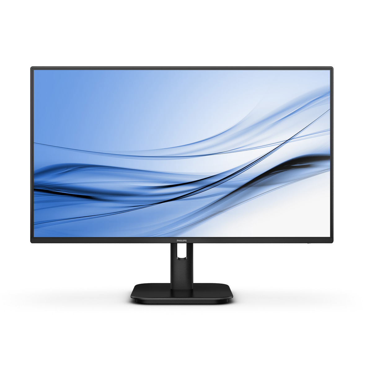 Ein schwarzer Philips Monitor mit blauem Wellenmuster auf dem Bildschirm.