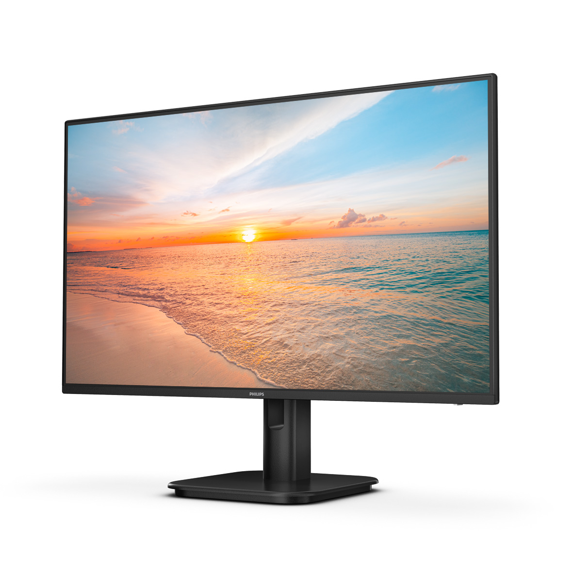 Ein Monitor mit einem Sonnenuntergang am Strand auf dem Bildschirm.