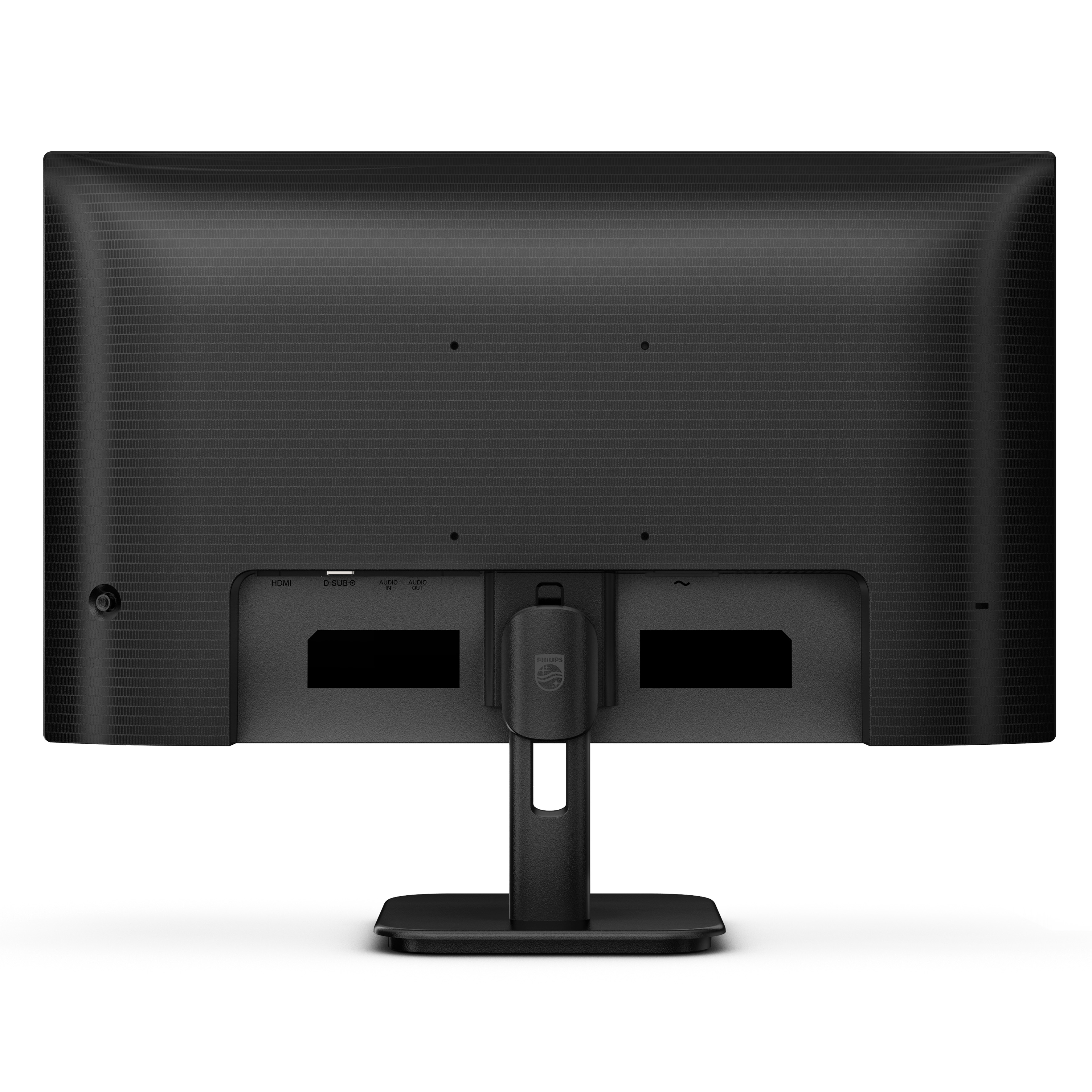 Rückseite eines schwarzen Monitors mit Anschlüssen und dem Philips-Logo.