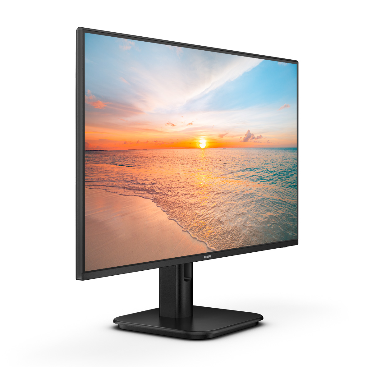 Ein Monitor zeigt einen Sonnenuntergang am Strand mit Wellen und einer sandigen Küste.