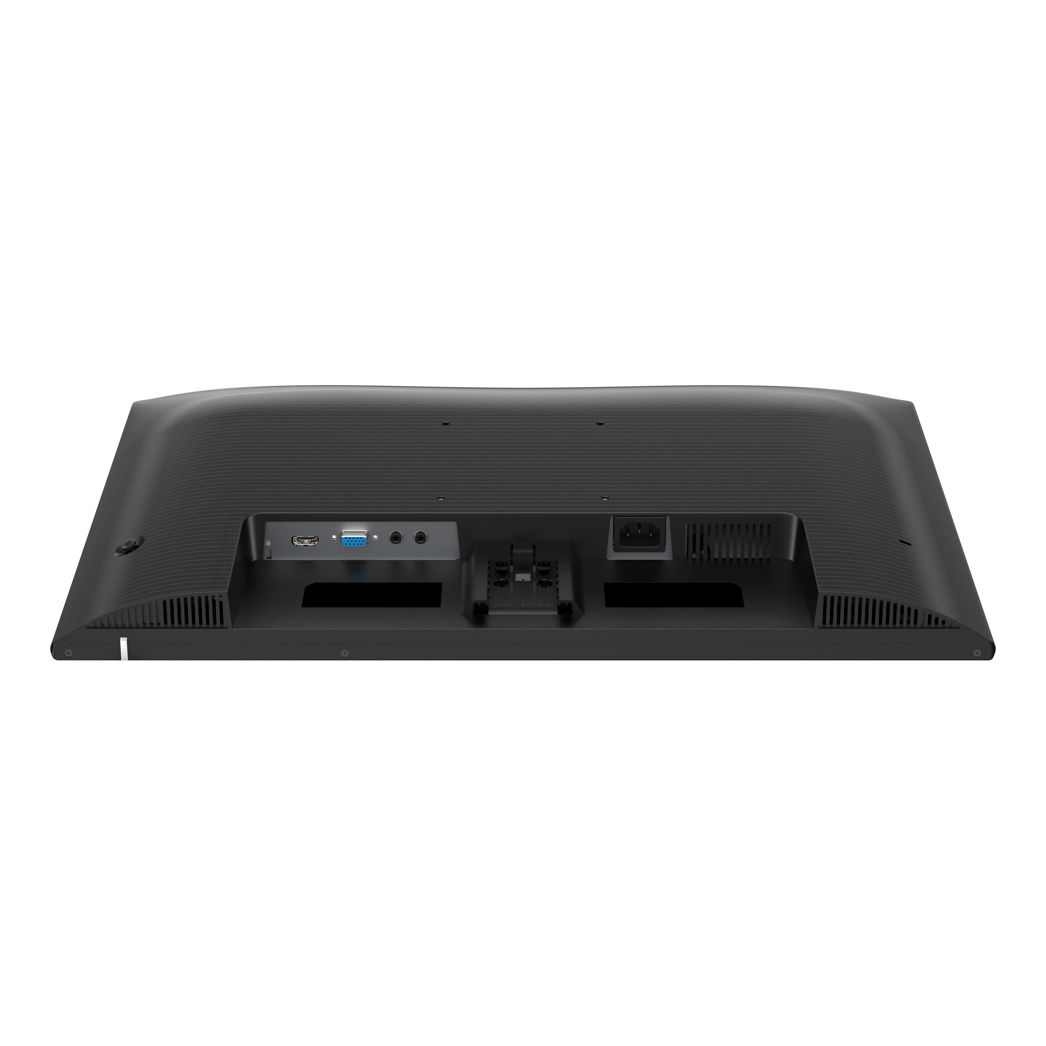 Rückseite eines schwarzen Monitors mit Anschlüssen: HDMI, VGA, Audio und Strom.