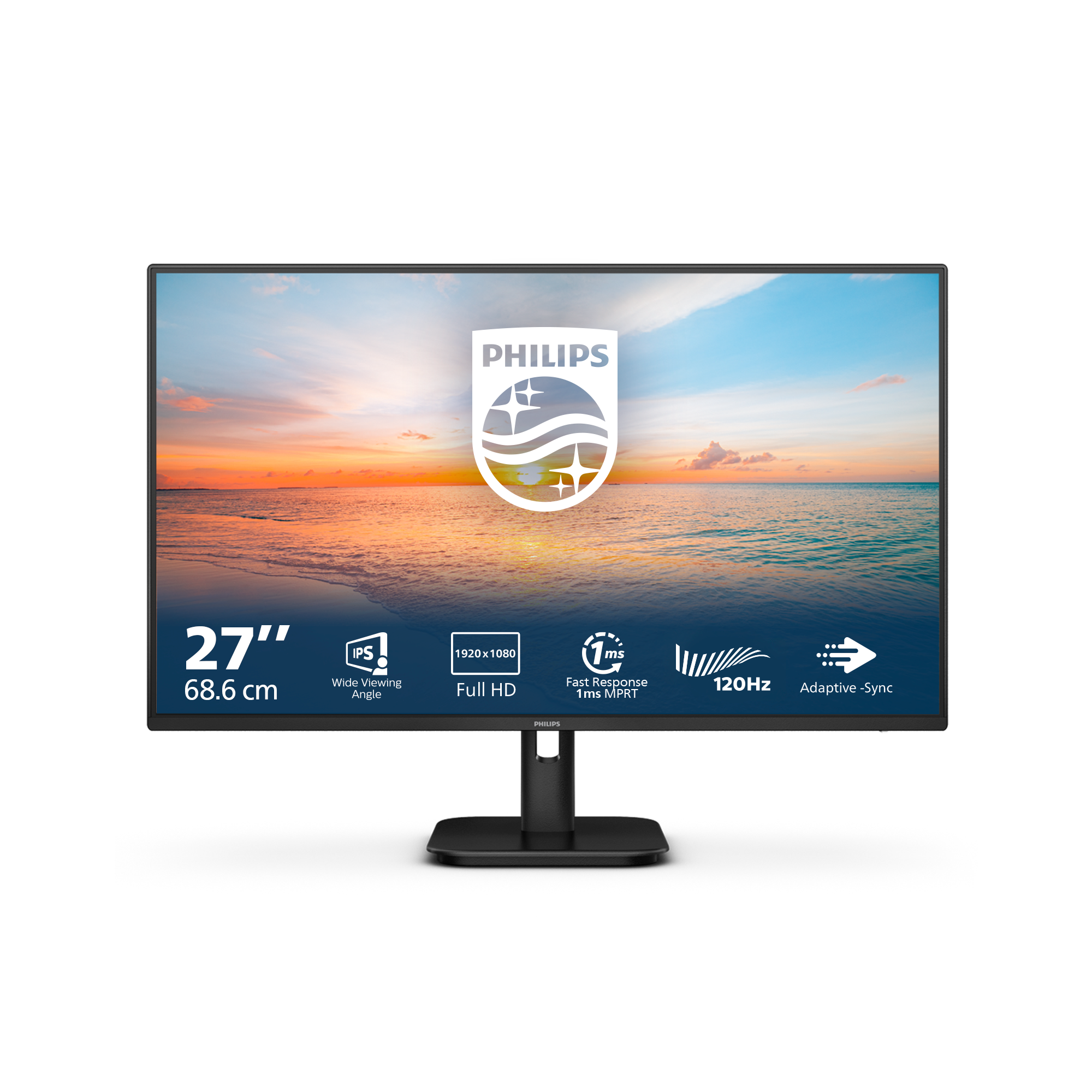 27-Zoll-Philips-Monitor mit IPS, Full HD, 120Hz vor einem Sonnenuntergang.