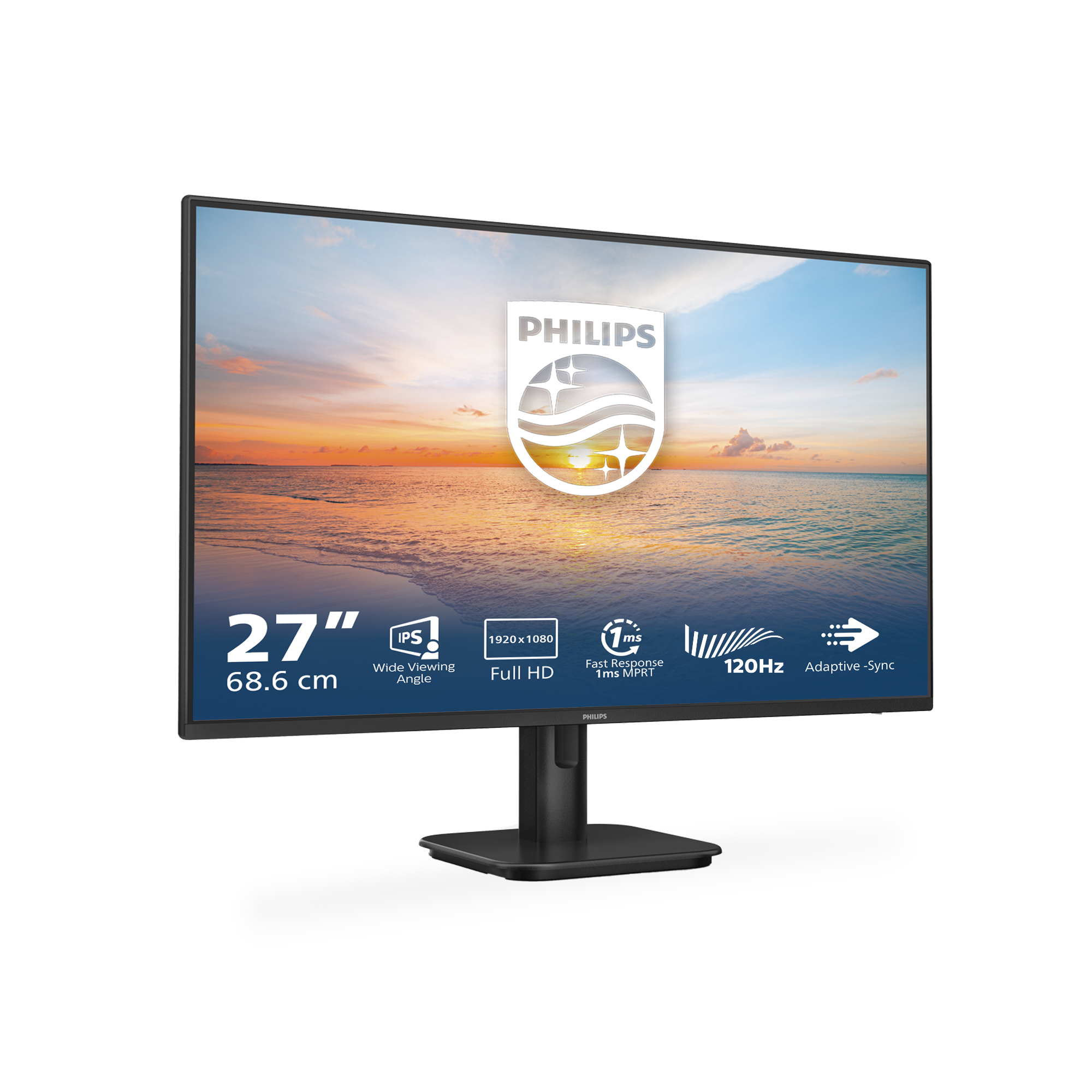 Ein 27-Zoll-Full-HD-Monitor mit 120 Hz und Adaptive-Sync auf einem schwarzen Ständer.