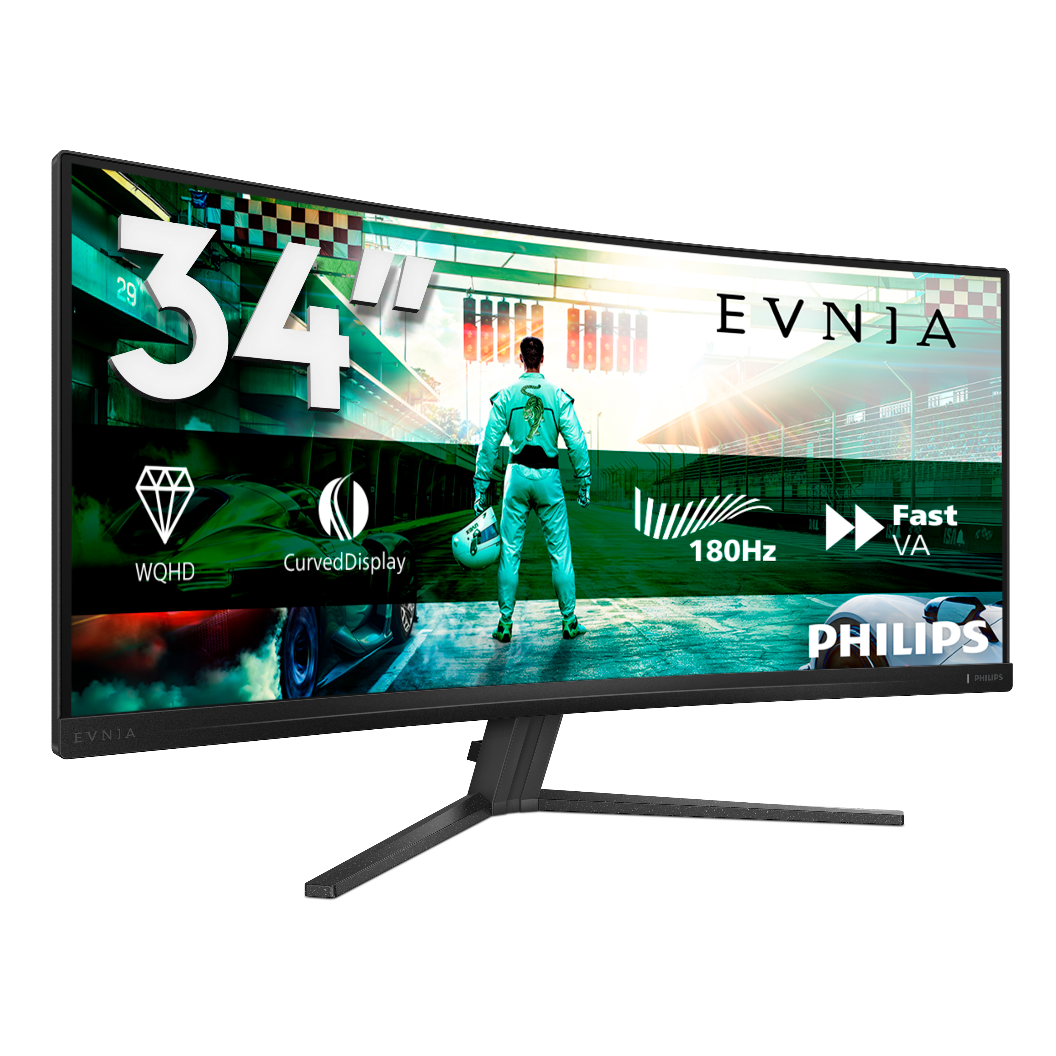 Ein gekrümmter 34-Zoll-Gaming-Monitor mit Rennfahrer-Motiv, der 180Hz anzeigt.