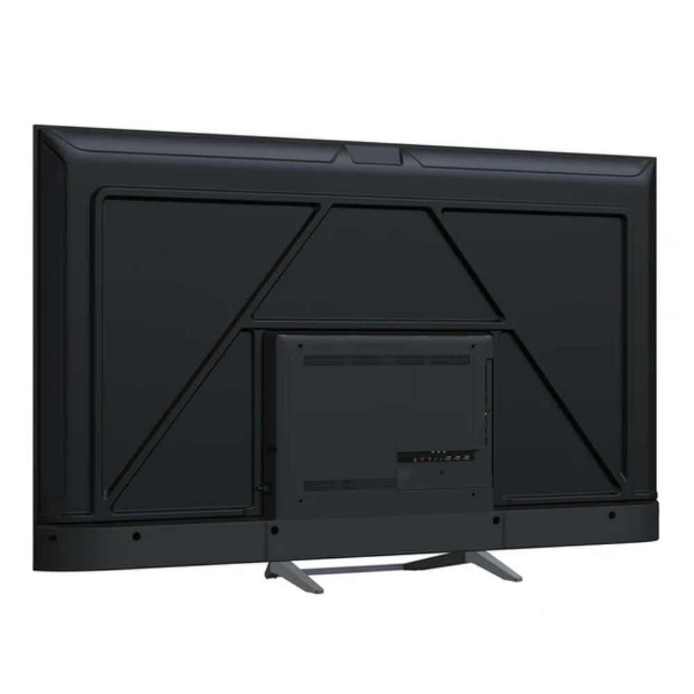 La parte posterior de un televisor negro con soporte.