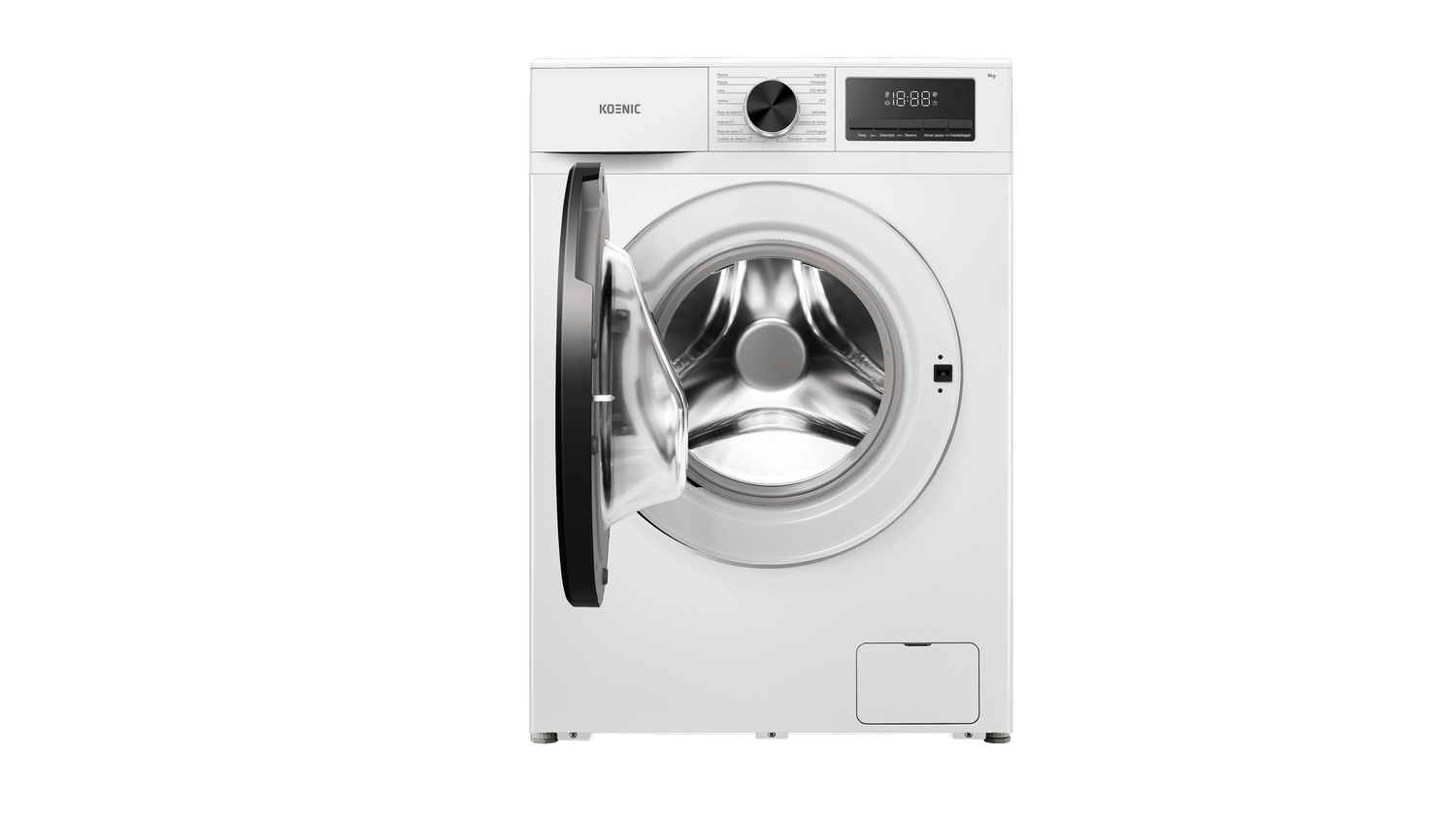 Una lavadora blanca con la puerta abierta, pantalla digital y panel de control.