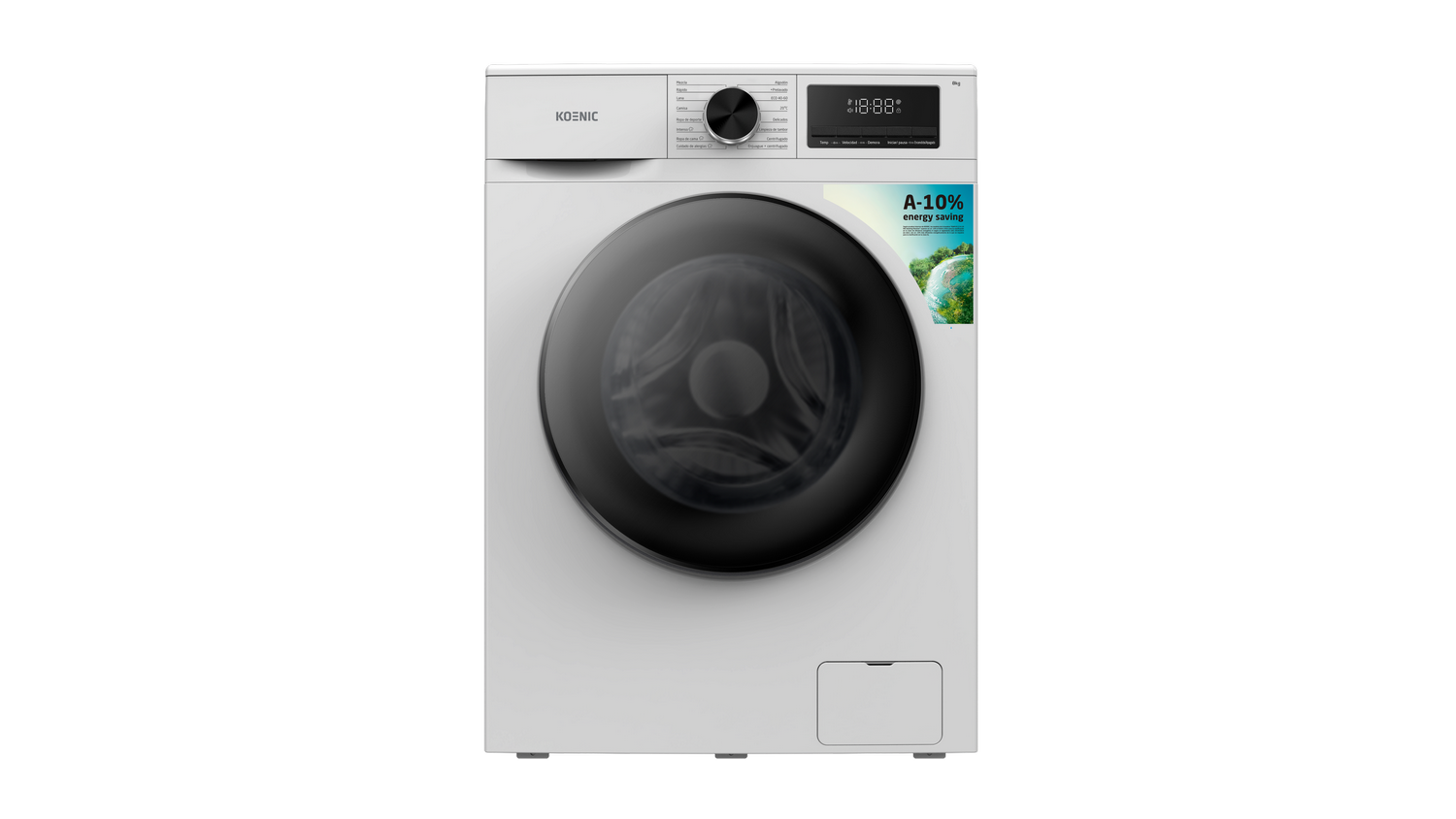 Una lavadora blanca con puerta negra y pantalla digital.