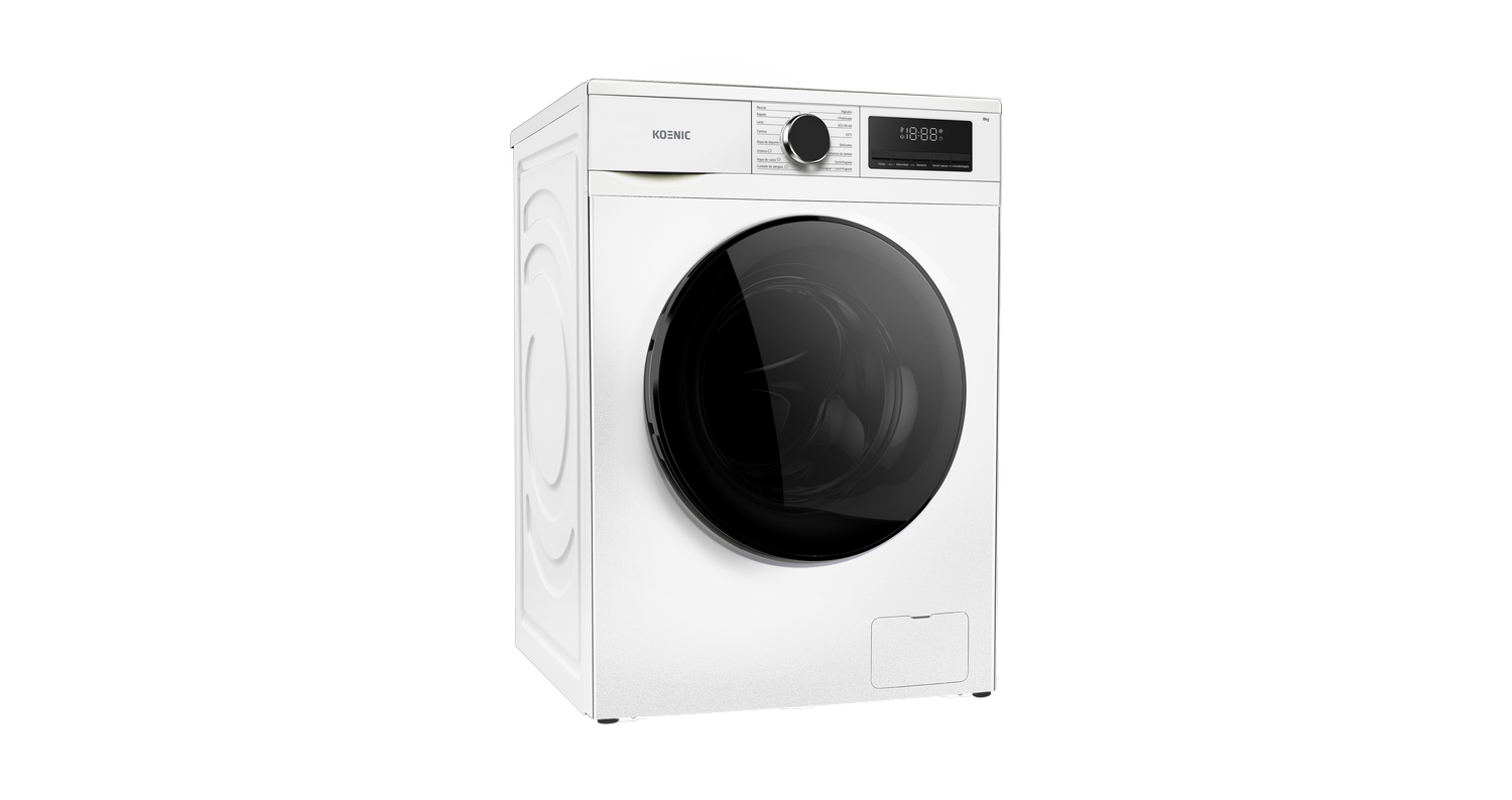 Una lavadora Koenic blanca con puerta negra y pantalla digital.