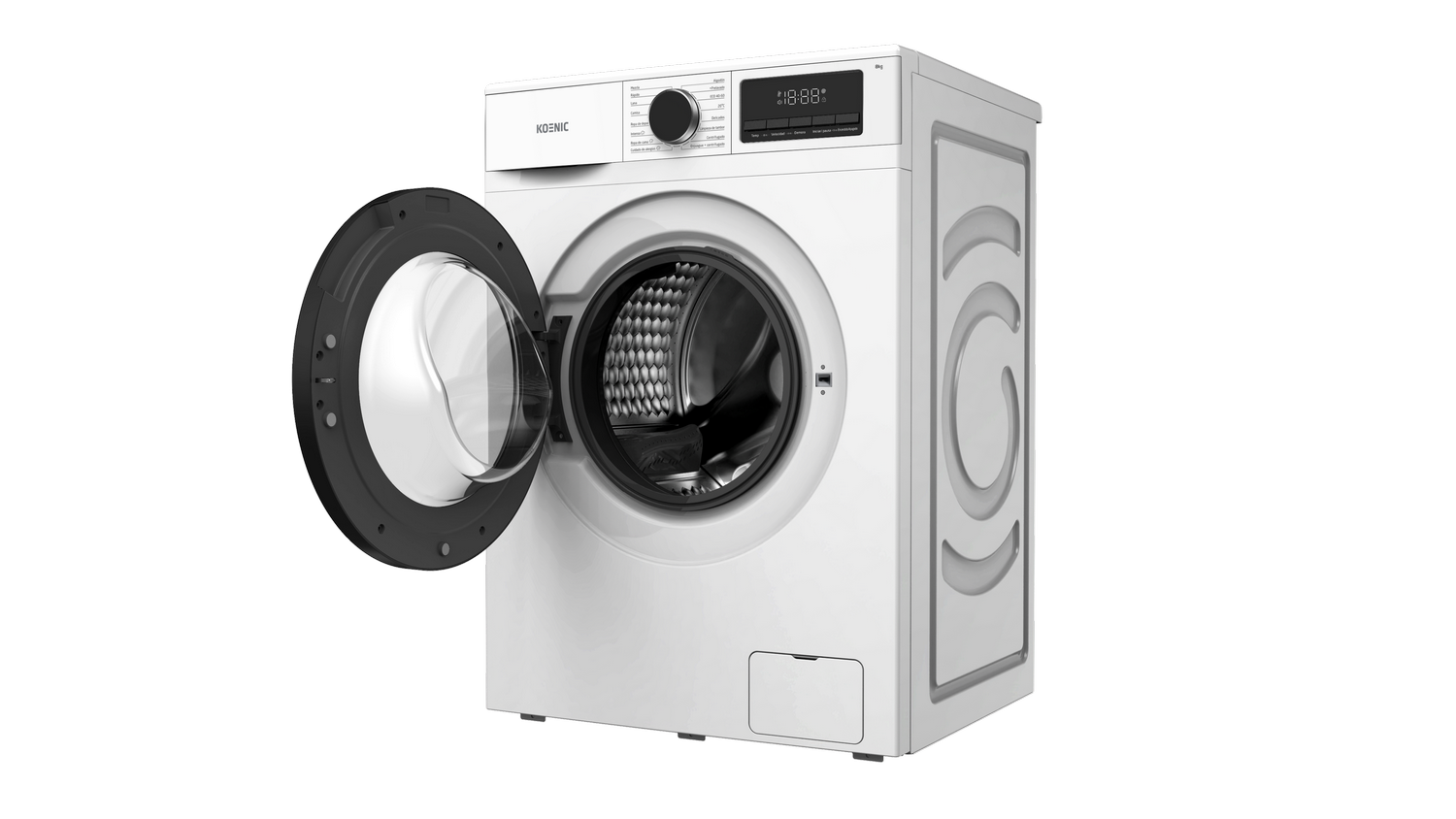 Una lavadora blanca con la puerta abierta y pantalla digital.