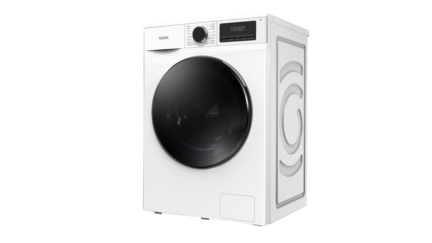 Una lavadora blanca con puerta negra y pantalla digital.