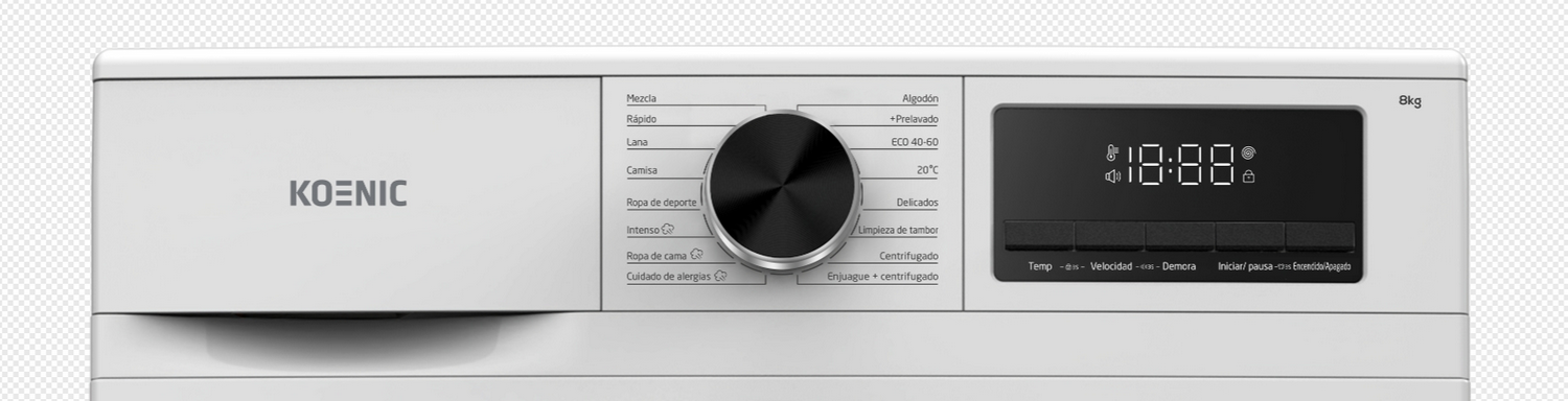 Una lavadora blanca con panel de control y pantalla digital.