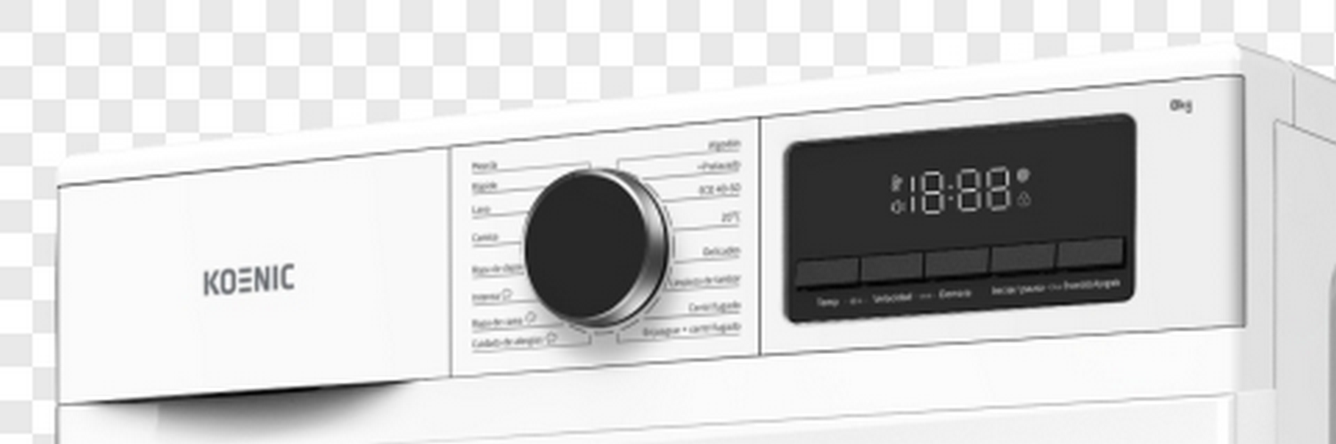 Primer plano del panel de control de una lavadora Koenic blanca con dial y pantalla digital.