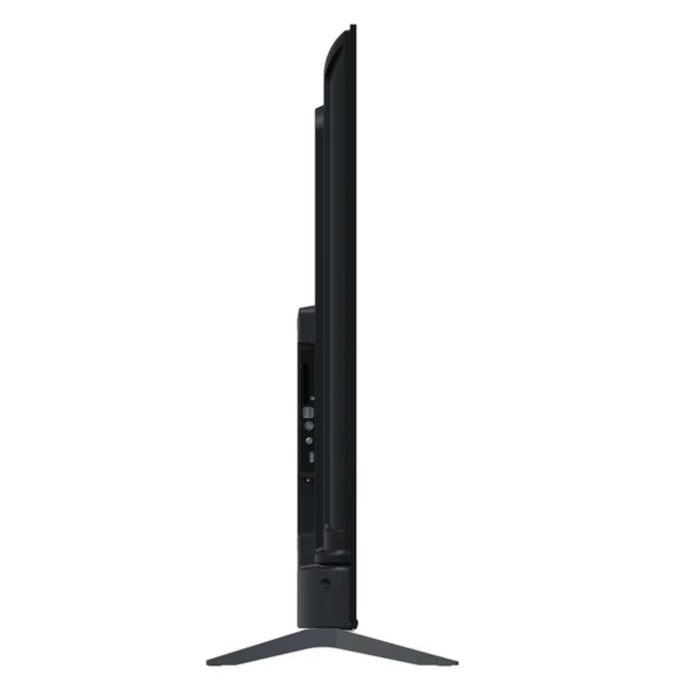 Televisor negro de perfil sobre un soporte, fondo blanco.