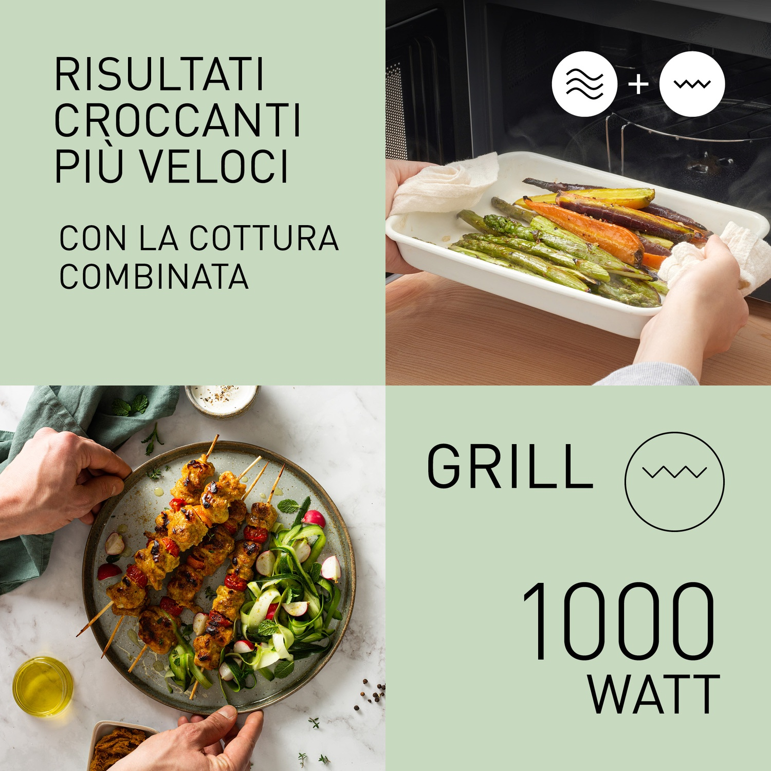 Spiedini di pollo grigliati con insalata e verdure arrosto. Testo sulla cottura veloce e croccante.