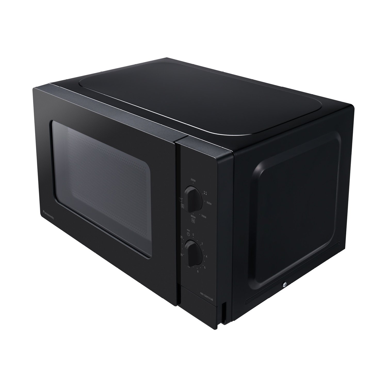 Un forno a microonde Panasonic nero con porta in vetro e due manopole di controllo sul lato destro.