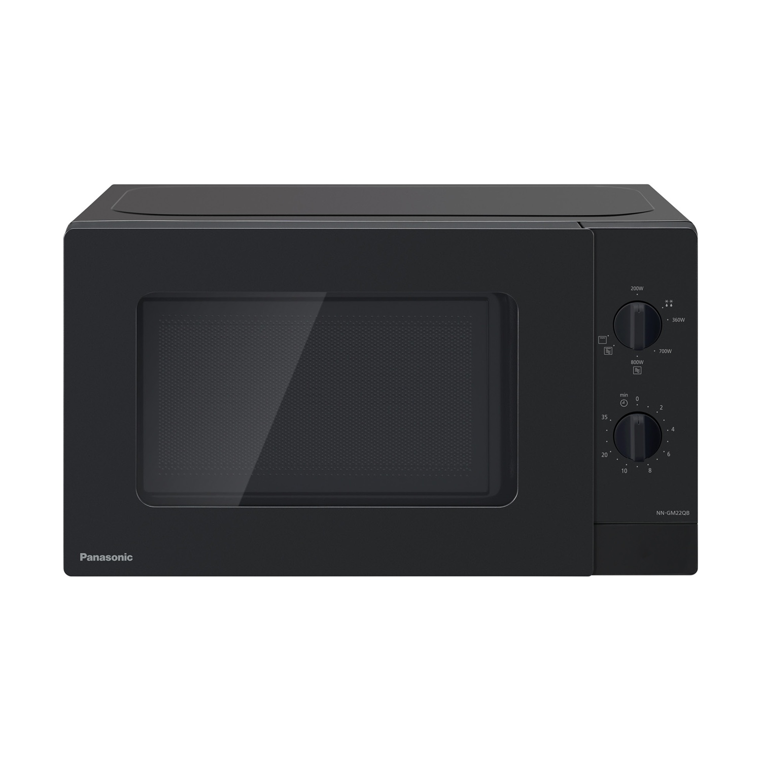 Forno a microonde Panasonic nero con porta in vetro e manopole per potenza e tempo.