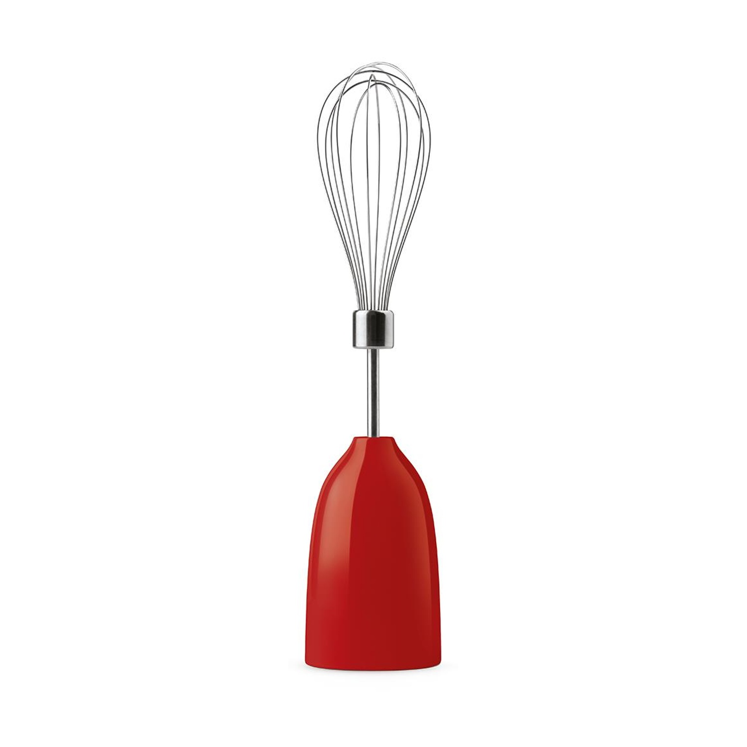 Un accessorio frusta per frullatore a mano rosso su sfondo bianco.